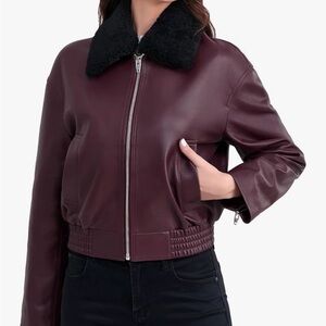Women's Burgundy Leather Jacket with Black Collar
